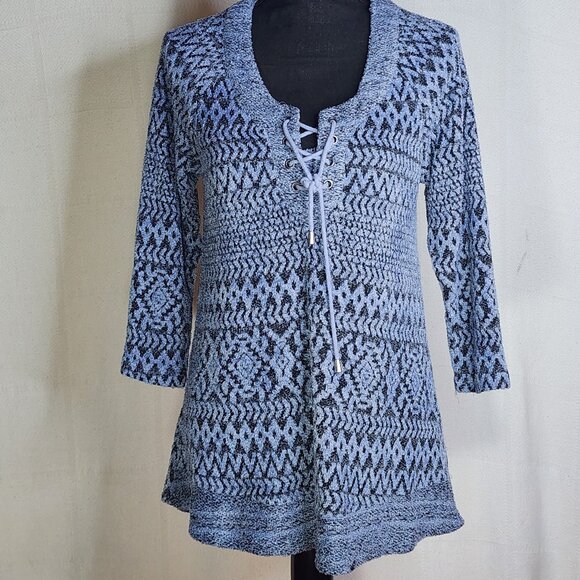 One World Periwinkle Black Mix Pattern 3/4 Sleeve Poly Lace Up Front Top Size S - Picture 1 of 16